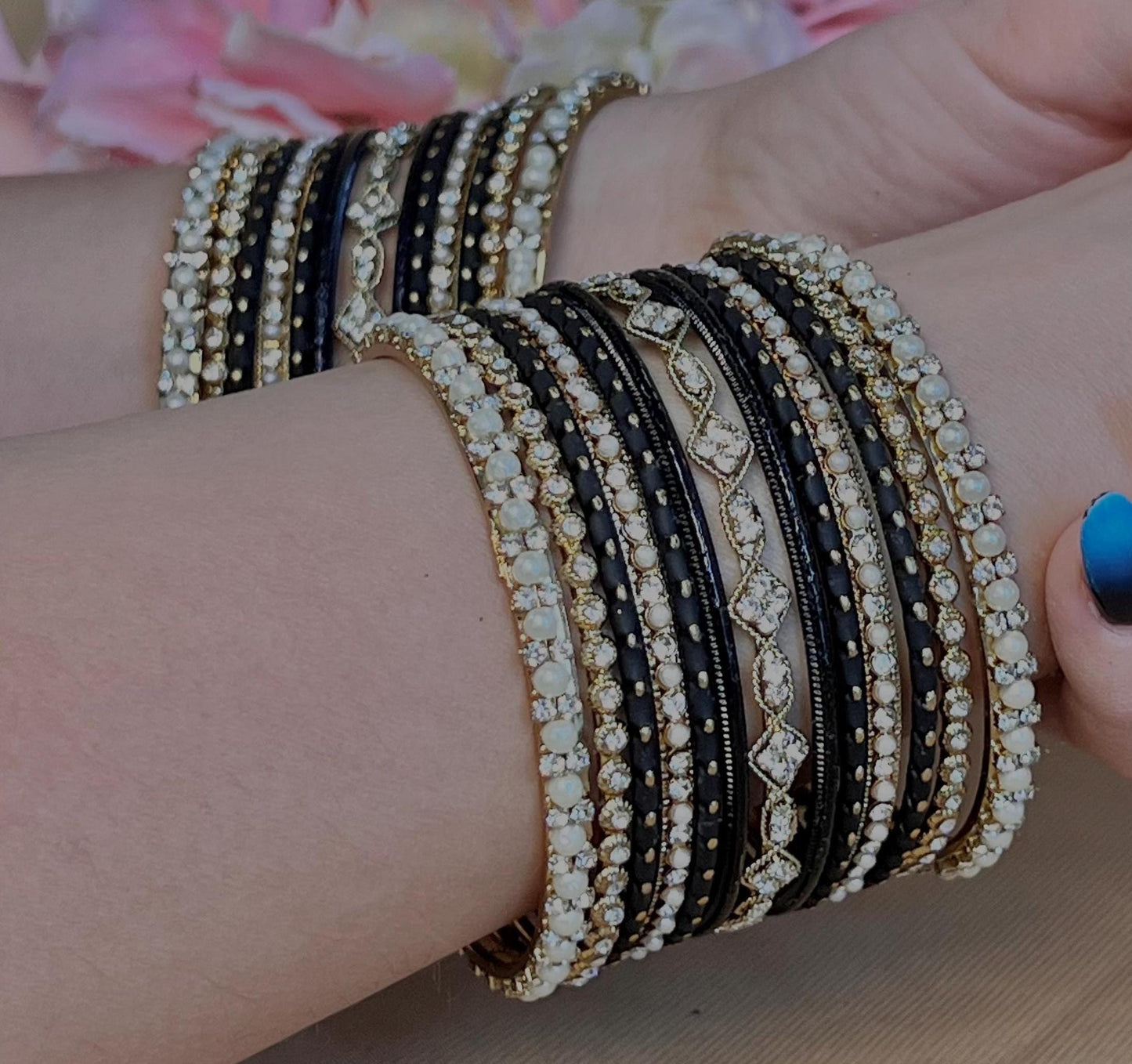 Small Black Pearly Indian Bangle Set - Both Arms Indian/ Pakistani/Jewelley/ Fashion Bracelet