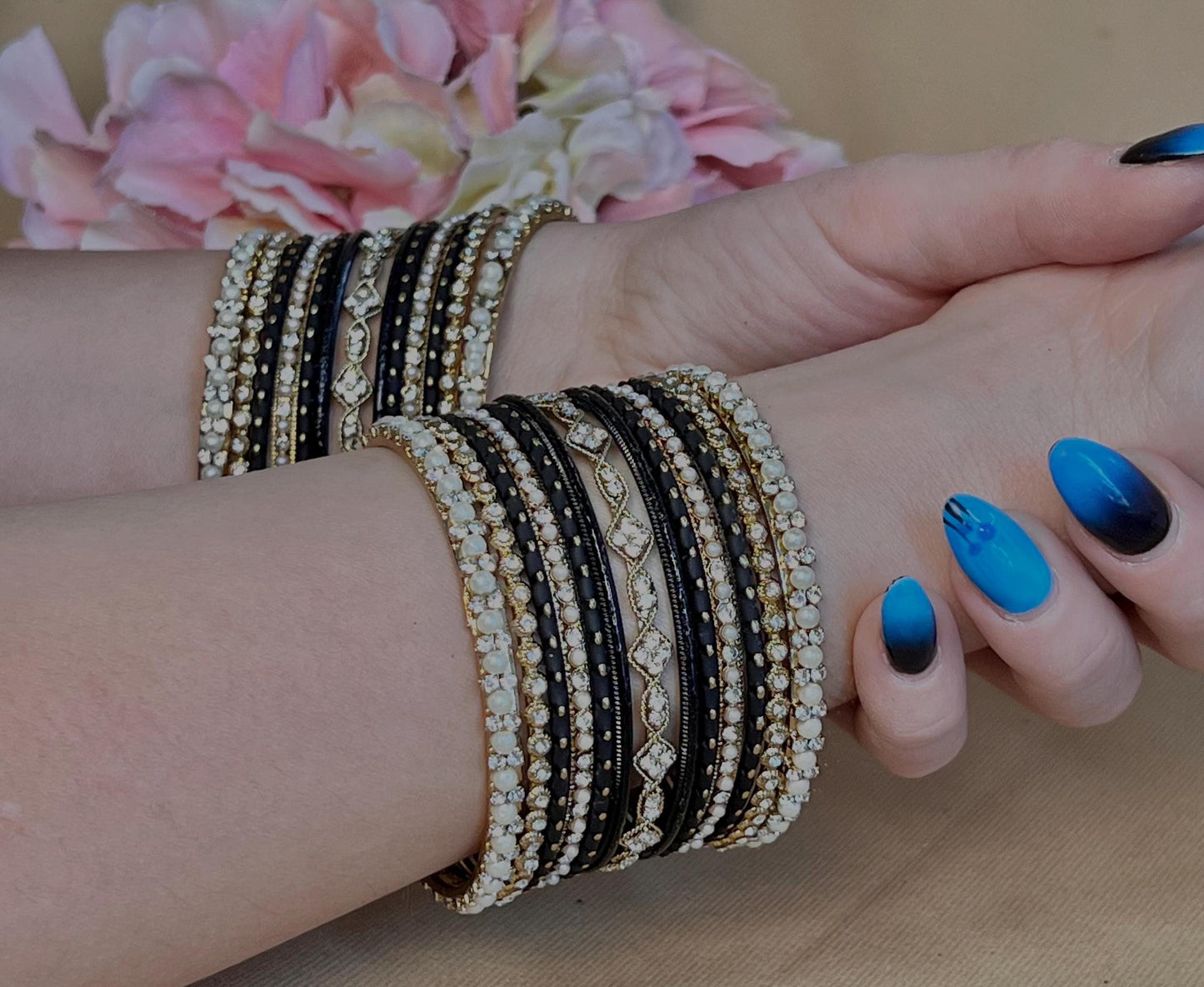 Small Black Pearly Indian Bangle Set - Both Arms Indian/ Pakistani/Jewelley/ Fashion Bracelet