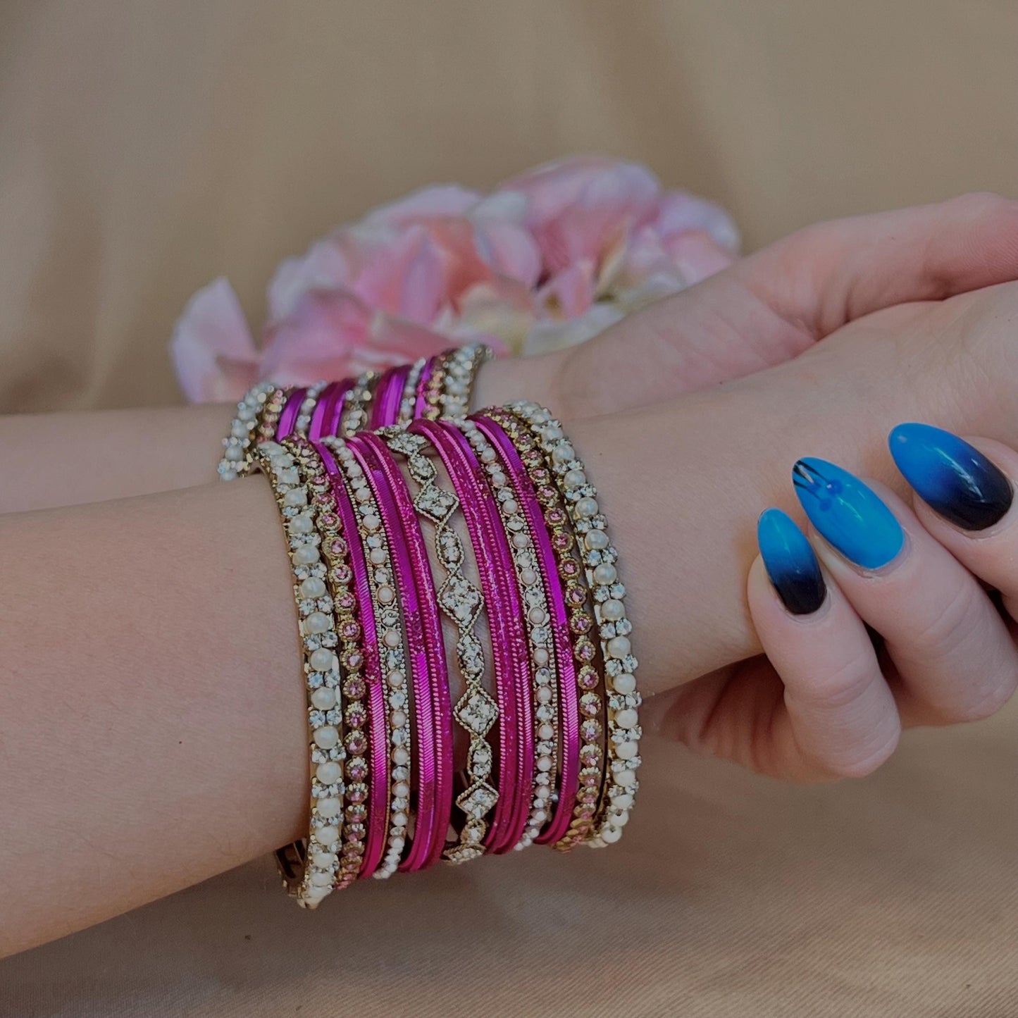 Small Hot Pink Pearly Indian Bangle Set - Both Arms Indian/ Pakistani/Jewelley/ Fashion Bracelet