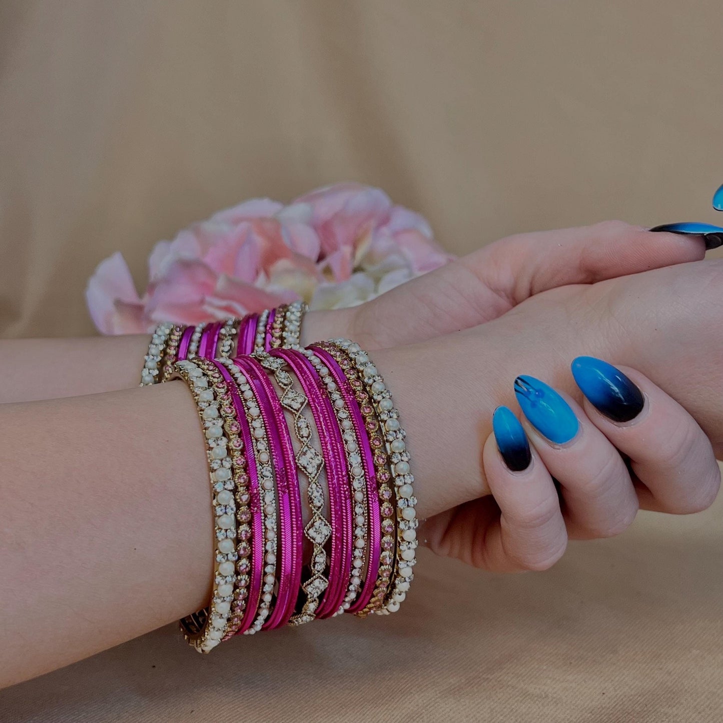 Small Hot Pink Pearly Indian Bangle Set - Both Arms Indian/ Pakistani/Jewelley/ Fashion Bracelet