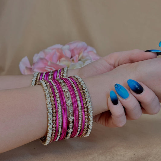 Small Hot Pink Pearly Indian Bangle Set - Both Arms Indian/ Pakistani/Jewelley/ Fashion Bracelet