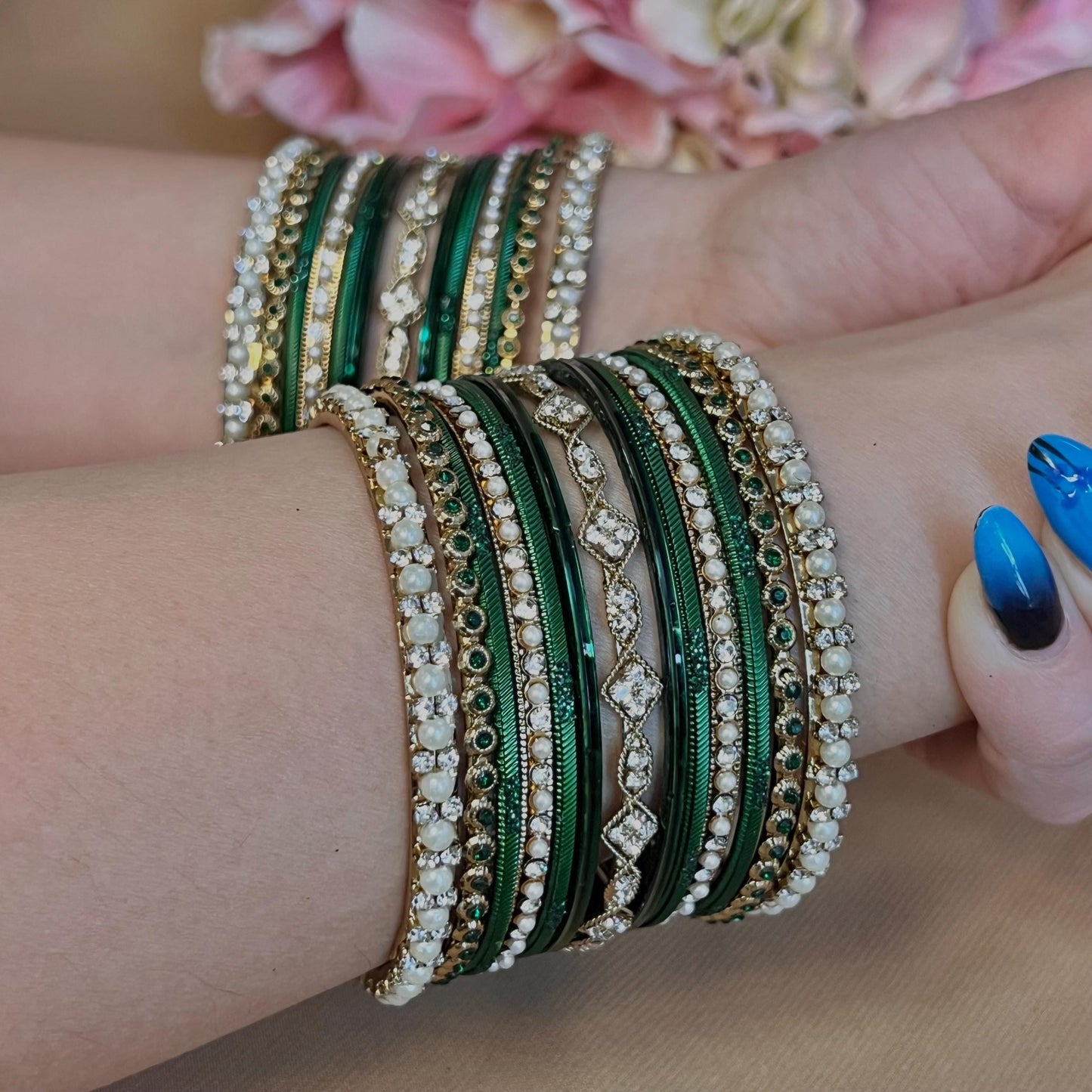 Small Green Pearly  Bangle Set - Both Arms Indian/ Pakistani/Jewellery/ Fashion Bracelet