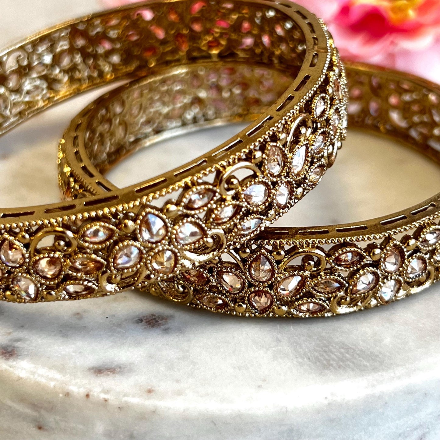 Set of 2 Antique Gold Champagne Zircon Thick Heavy Kada Bangles End Bangles Indian Pakistani Jewelley  Fashion High Quality Gift Choose Size
