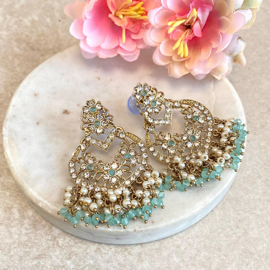 Mint Blue Antique Gold Clear Rhinestone Stud Medium Size Lightweight Earring High Quality Indian Pakistani Bollywood Fashion Jewellery Gift