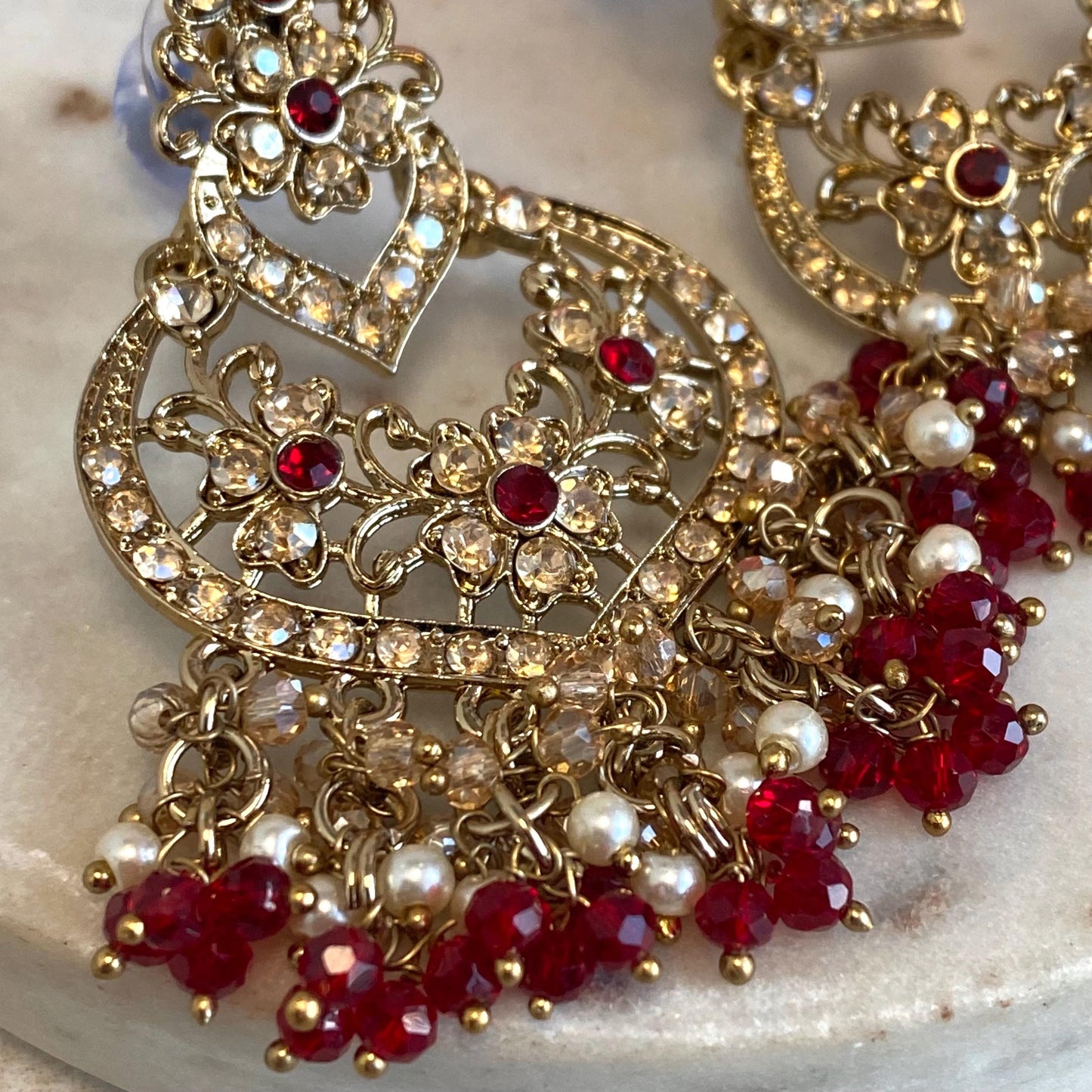 Maroon Antique Gold Golden Rhinestone Stud Medium Size Lightweight Earring High Quality Indian Pakistani Bollywood Fashion Jewellery Gift