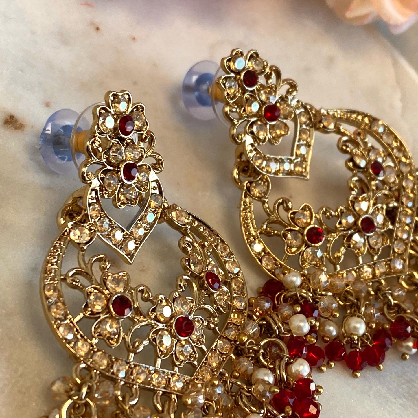 Maroon Antique Gold Golden Rhinestone Stud Medium Size Lightweight Earring High Quality Indian Pakistani Bollywood Fashion Jewellery Gift