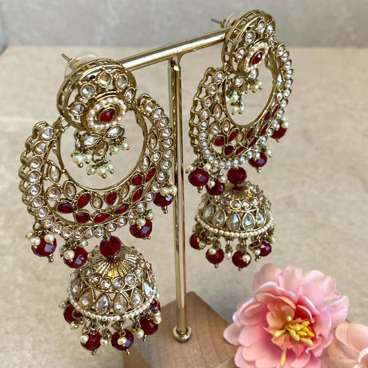 Maroon Large Antique Gold Champagne Zircon Crystal Jhumka Earring Indian Pakistani Bollywood Fashion Jewellery High Quality Gift for Her