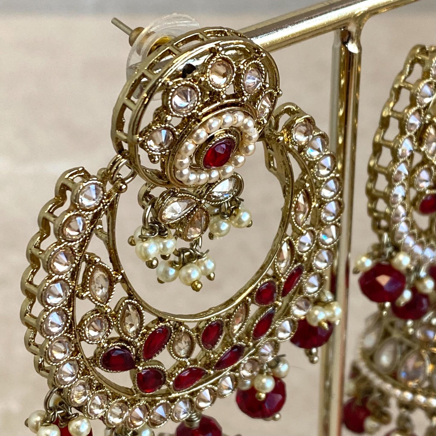 Maroon Large Antique Gold Champagne Zircon Crystal Jhumka Earring Indian Pakistani Bollywood Fashion Jewellery High Quality Gift for Her