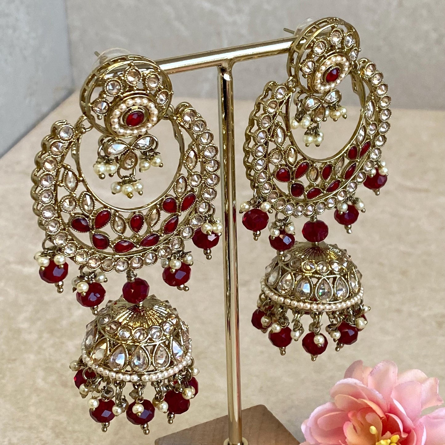 Maroon Large Antique Gold Champagne Zircon Crystal Jhumka Earring Indian Pakistani Bollywood Fashion Jewellery High Quality Gift for Her