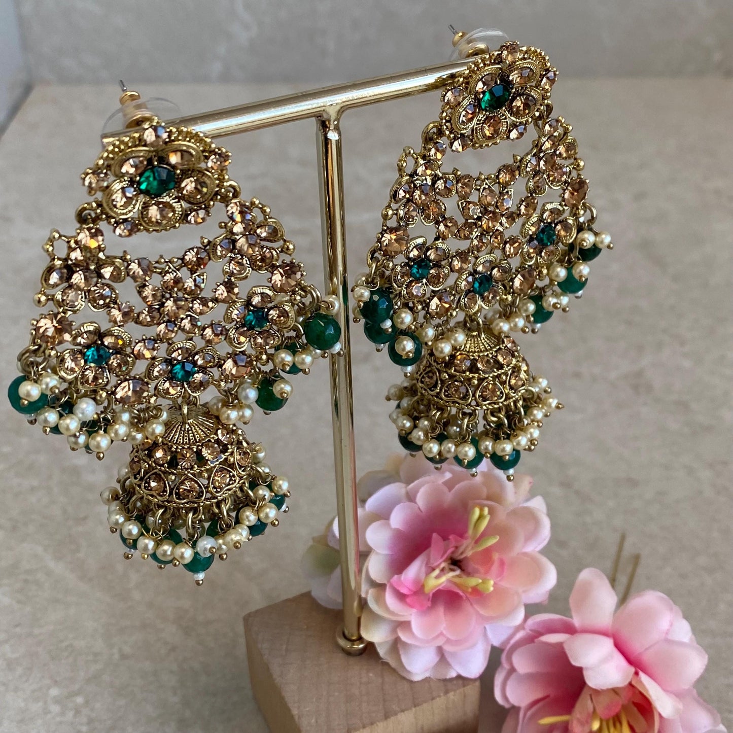 Green Large Antique Gold Golden Rhinestone Jhumka Earring Indian Pakistani Bollywood Fashion Jewellery High Quality Gift for Her Add Tikka
