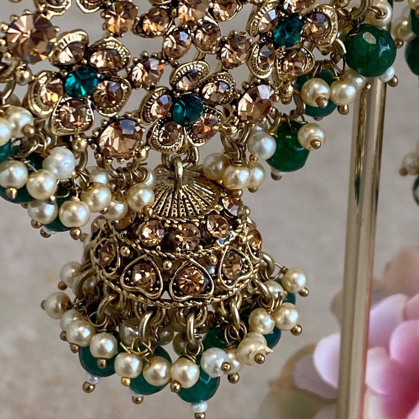 Green Large Antique Gold Golden Rhinestone Jhumka Earring Indian Pakistani Bollywood Fashion Jewellery High Quality Gift for Her Add Tikka