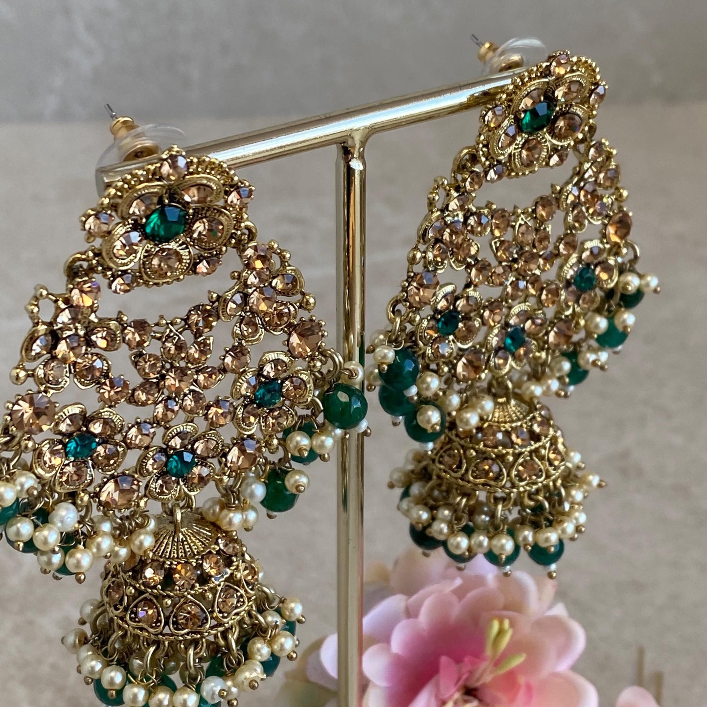 Green Large Antique Gold Golden Rhinestone Jhumka Earring Indian Pakistani Bollywood Fashion Jewellery High Quality Gift for Her Add Tikka