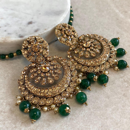 Green Medium Antique Gold Golden Rhinestone Earring with Chain Indian Pakistani Bollywood Fashion Jewellery High Quality Gift for Her