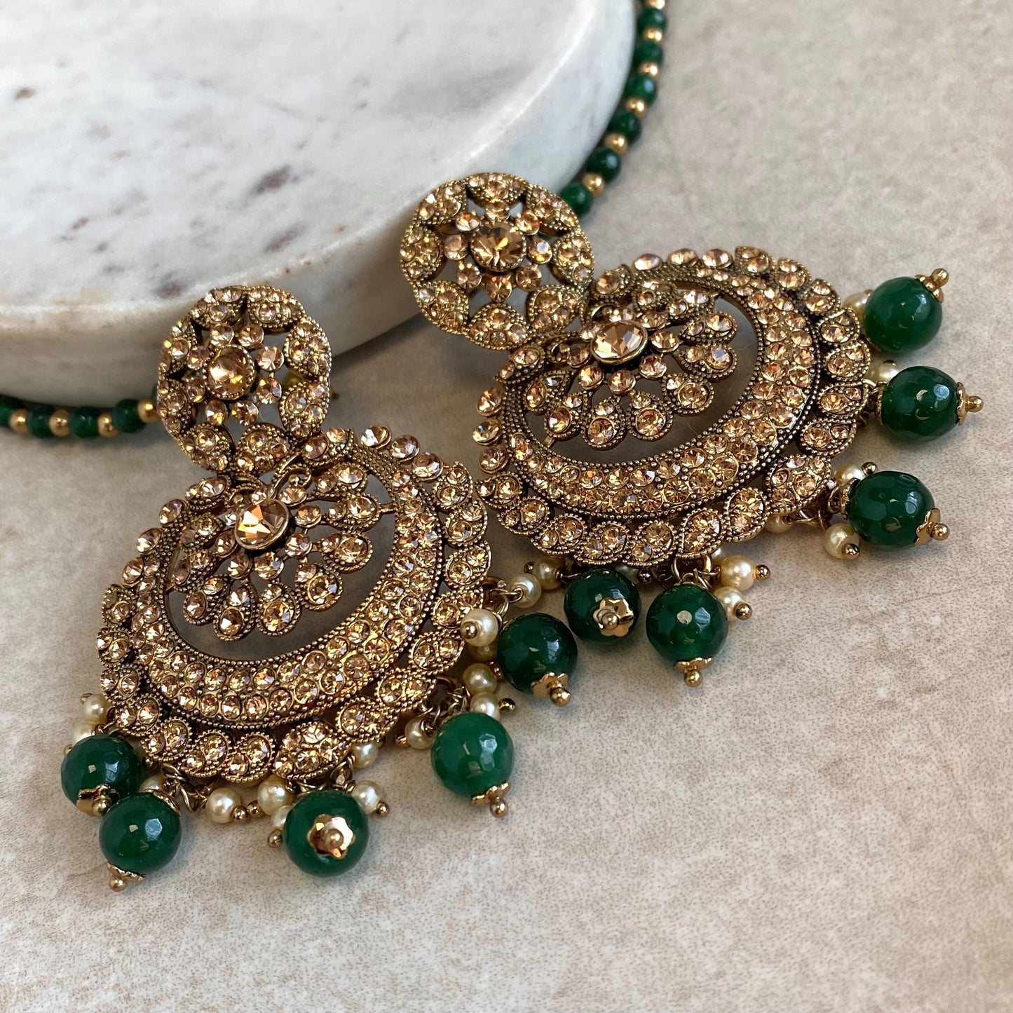 Green Medium Antique Gold Golden Rhinestone Earring with Chain Indian Pakistani Bollywood Fashion Jewellery High Quality Gift for Her