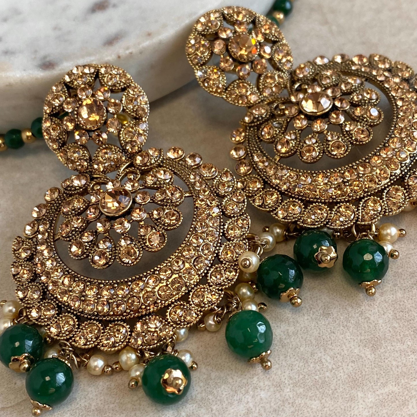 Green Medium Antique Gold Golden Rhinestone Earring with Chain Indian Pakistani Bollywood Fashion Jewellery High Quality Gift for Her