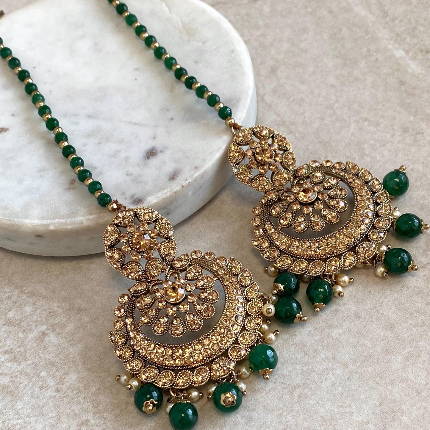 Green Medium Antique Gold Golden Rhinestone Earring with Chain Indian Pakistani Bollywood Fashion Jewellery High Quality Gift for Her