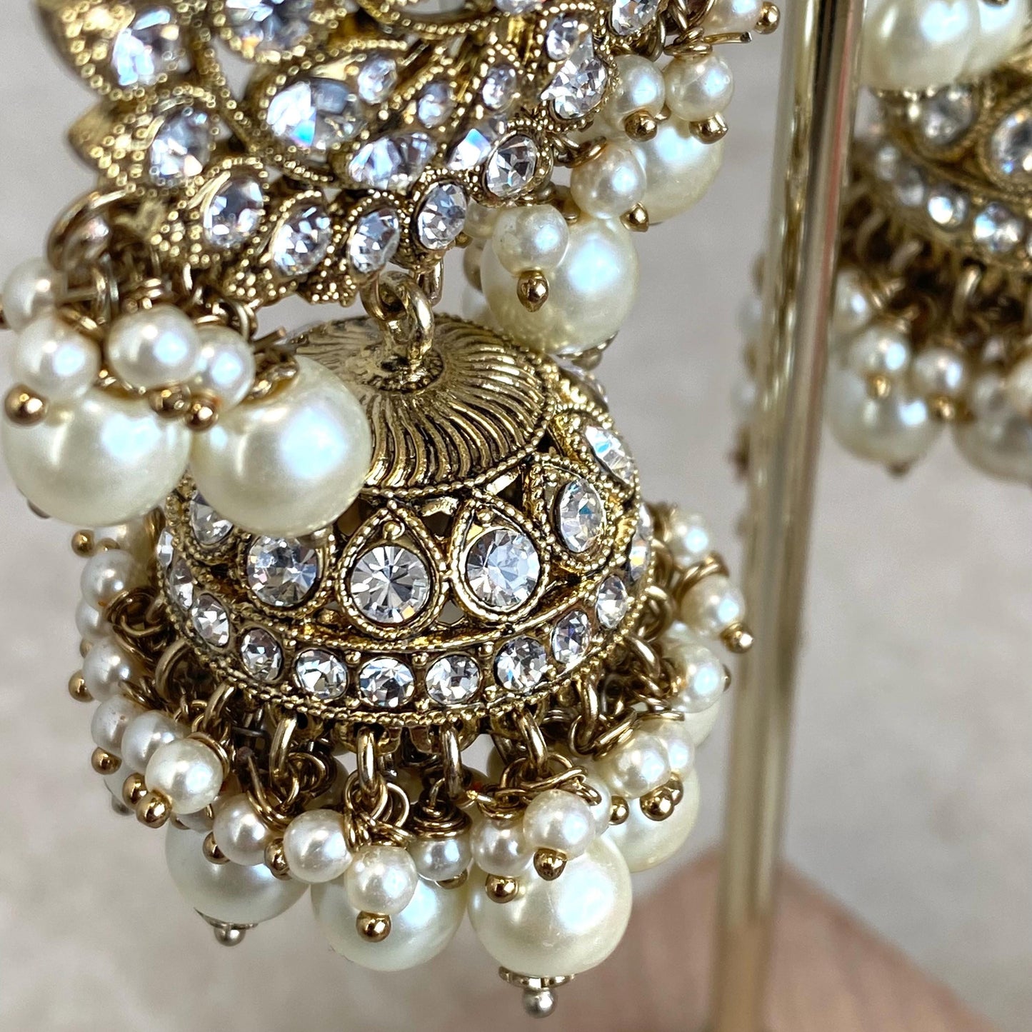 Antique Gold Clear Rhinestone Large Jhumka Earring with Chain and Tikka Bollywood Indian Pakistani Fashion Jewellery Gift Wedding Bridal