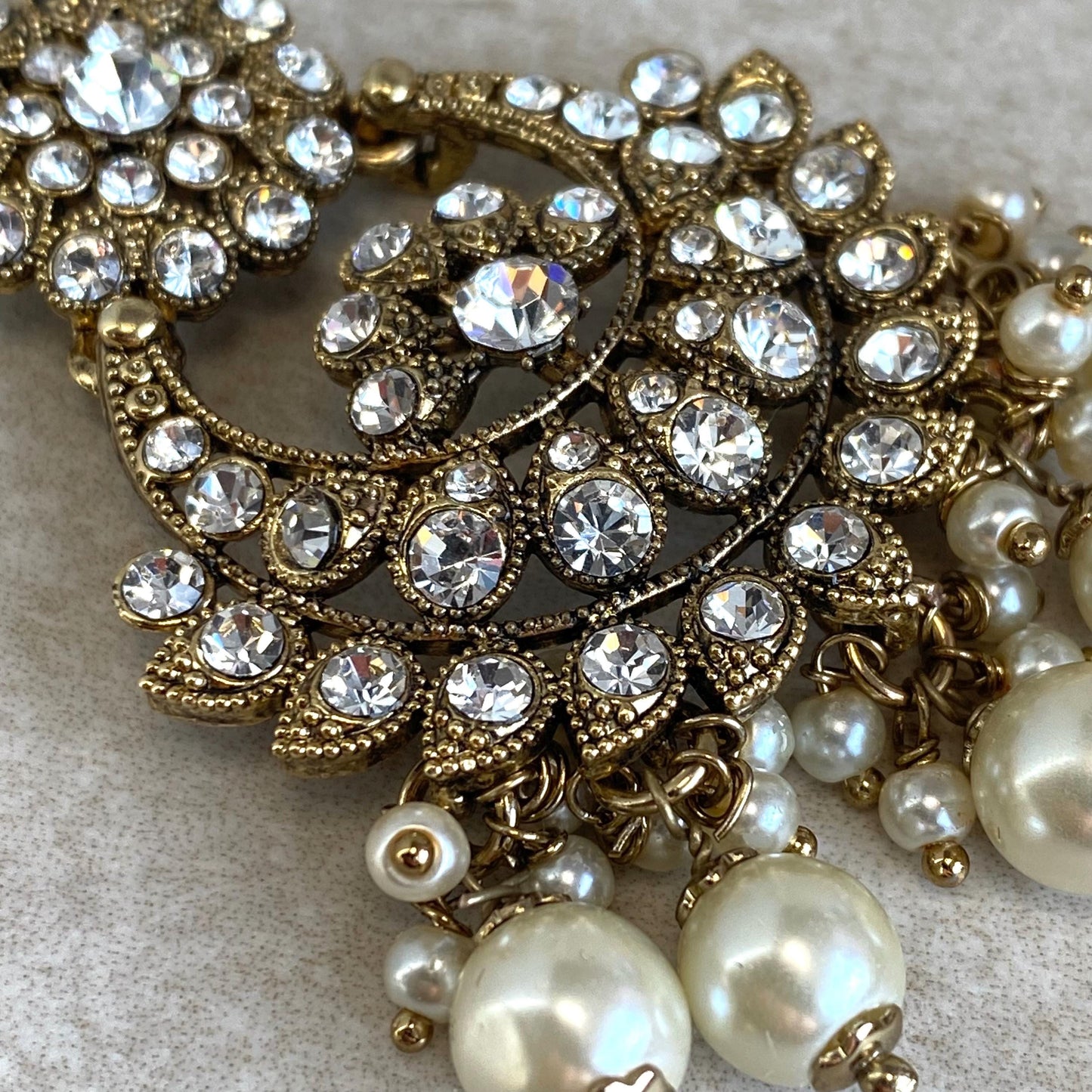 Antique Gold Clear Rhinestone Large Jhumka Earring with Chain and Tikka Bollywood Indian Pakistani Fashion Jewellery Gift Wedding Bridal