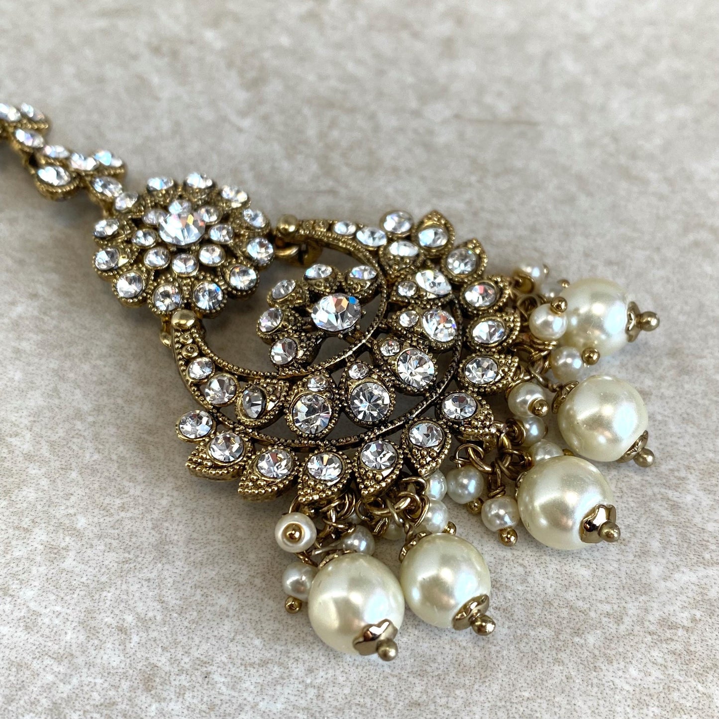 Antique Gold Clear Rhinestone Large Jhumka Earring with Chain and Tikka Bollywood Indian Pakistani Fashion Jewellery Gift Wedding Bridal