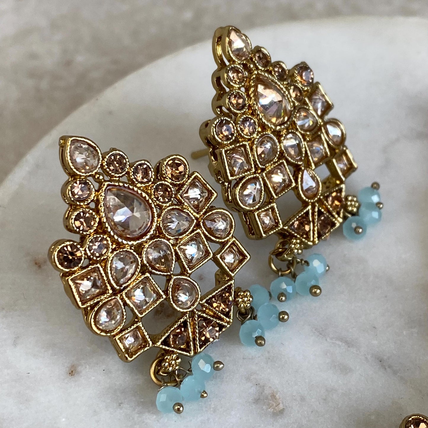 Blue Antique Gold Champagne Small Stud Earring Tikka High Quality Lightweight Bollywood Indian Pakistani Fashion Jewellery Sale Gift for Her