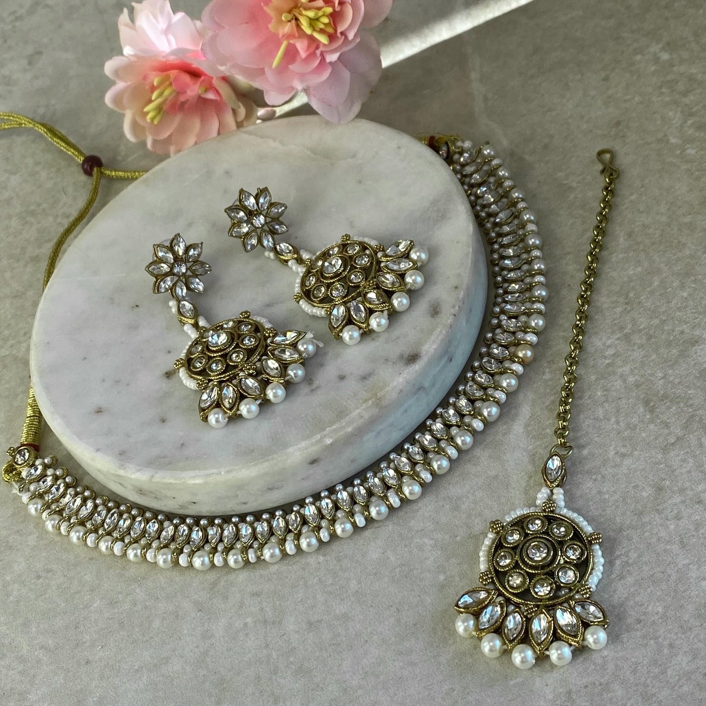 Pearl Thin Necklace Set Earring/ Tikka/ Tikli/ Indian/ Pakistani/Fashion Jewellery/ Gift for Women/ Antique Gold with Clear Zircon Crystal