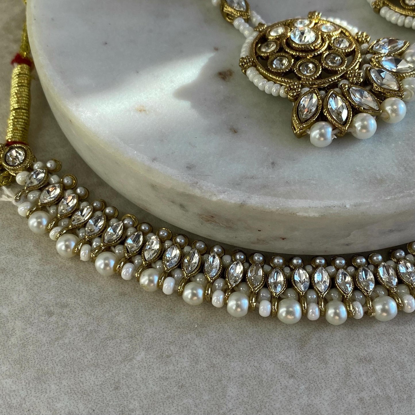 Pearl Thin Necklace Set Earring/ Tikka/ Tikli/ Indian/ Pakistani/Fashion Jewellery/ Gift for Women/ Antique Gold with Clear Zircon Crystal