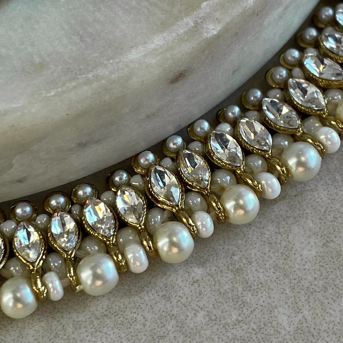 Pearl Thin Necklace Set Earring/ Tikka/ Tikli/ Indian/ Pakistani/Fashion Jewellery/ Gift for Women/ Antique Gold with Clear Zircon Crystal