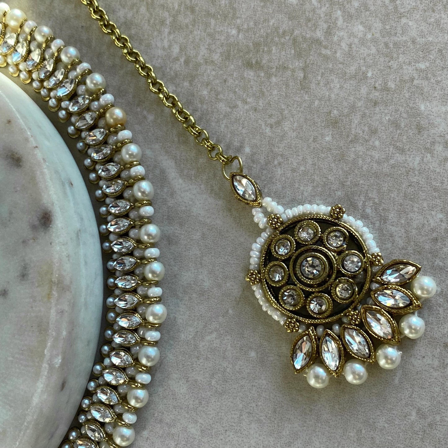 Pearl Thin Necklace Set Earring/ Tikka/ Tikli/ Indian/ Pakistani/Fashion Jewellery/ Gift for Women/ Antique Gold with Clear Zircon Crystal