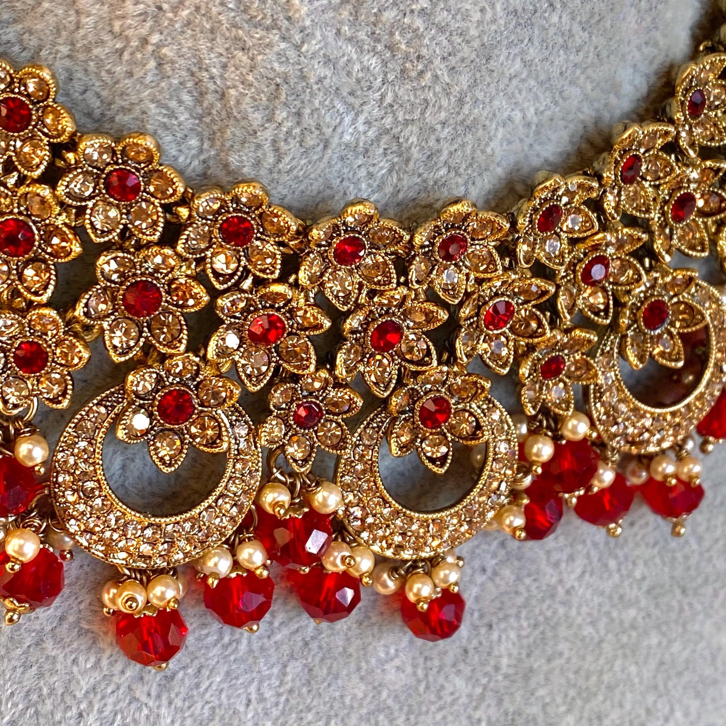 Red Antique Gold Rhinestone Bridal Necklace Set Jhumka Chain Earring Tikka Bollywood Indian Pakistani Fashion Jewellery High Quality SALE