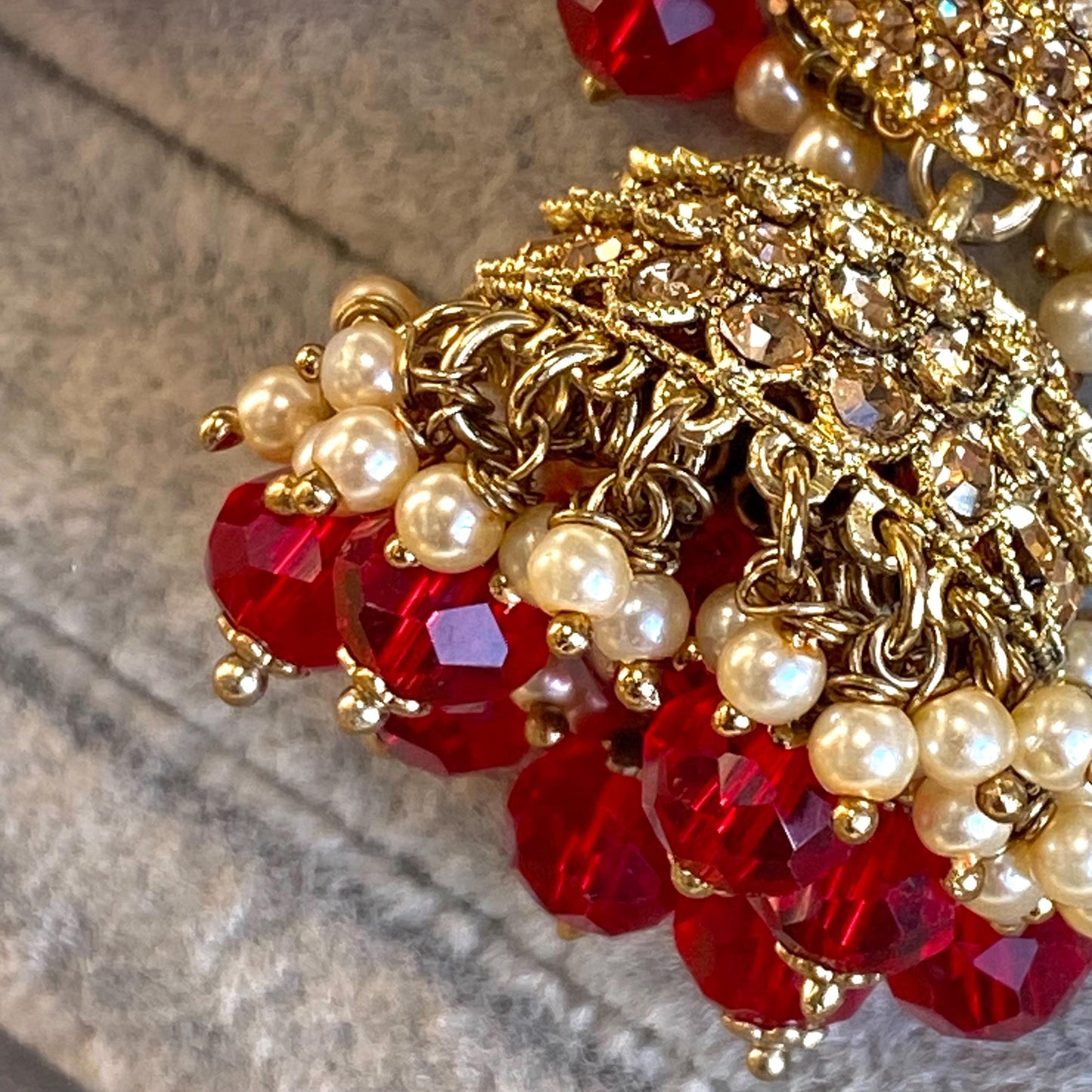 Red Antique Gold Rhinestone Bridal Necklace Set Jhumka Chain Earring Tikka Bollywood Indian Pakistani Fashion Jewellery High Quality SALE