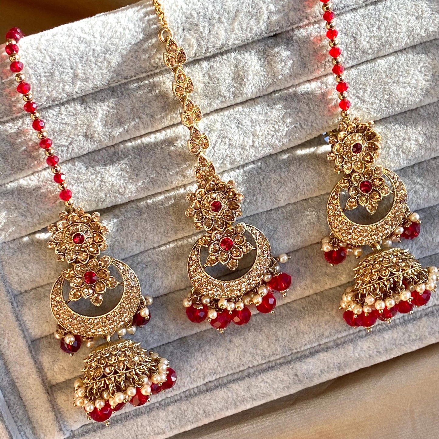Red Antique Gold Rhinestone Bridal Necklace Set Jhumka Chain Earring Tikka Bollywood Indian Pakistani Fashion Jewellery High Quality SALE