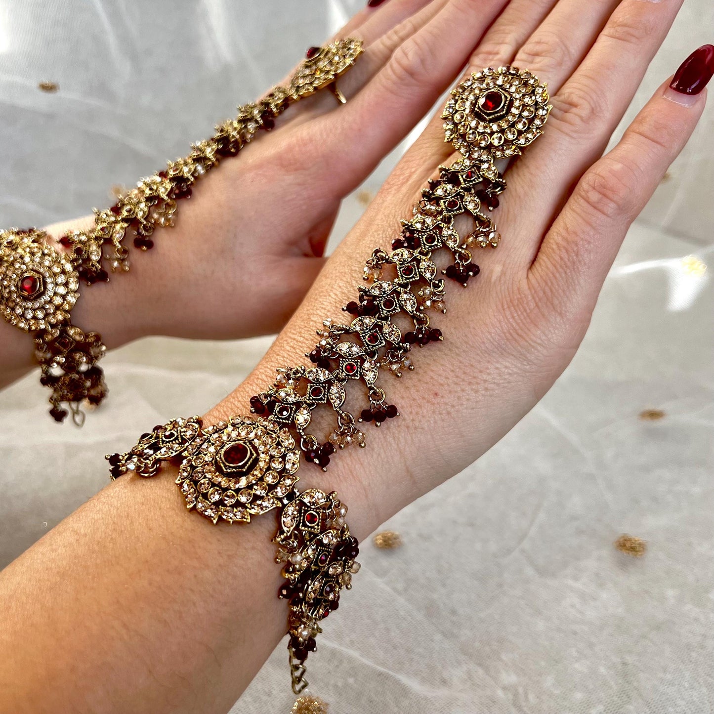 Maroon & Champagne Hand Harness - Single Piece/ Golden/ Fashion Jewellery/ Gift for Women/Indian/Pakistani style /Haathphool/Hand Accessory