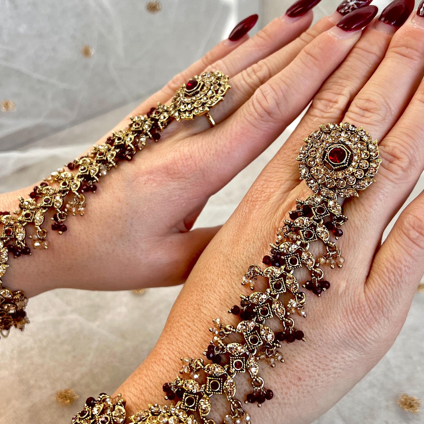 Maroon & Champagne Hand Harness - Single Piece/ Golden/ Fashion Jewellery/ Gift for Women/Indian/Pakistani style /Haathphool/Hand Accessory