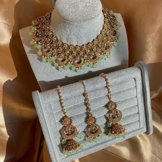 Mint Antique Gold Rhinestone Bridal Necklace Set Jhumka Chain Earring Tikka Bollywood Indian Pakistani Fashion Jewellery High Quality SALE