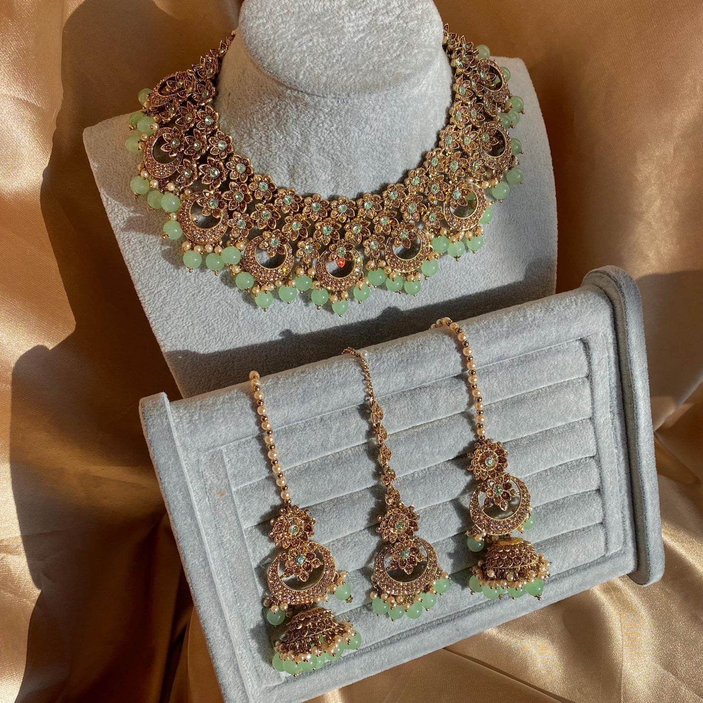 Mint Antique Gold Rhinestone Bridal Necklace Set Jhumka Chain Earring Tikka Bollywood Indian Pakistani Fashion Jewellery High Quality SALE