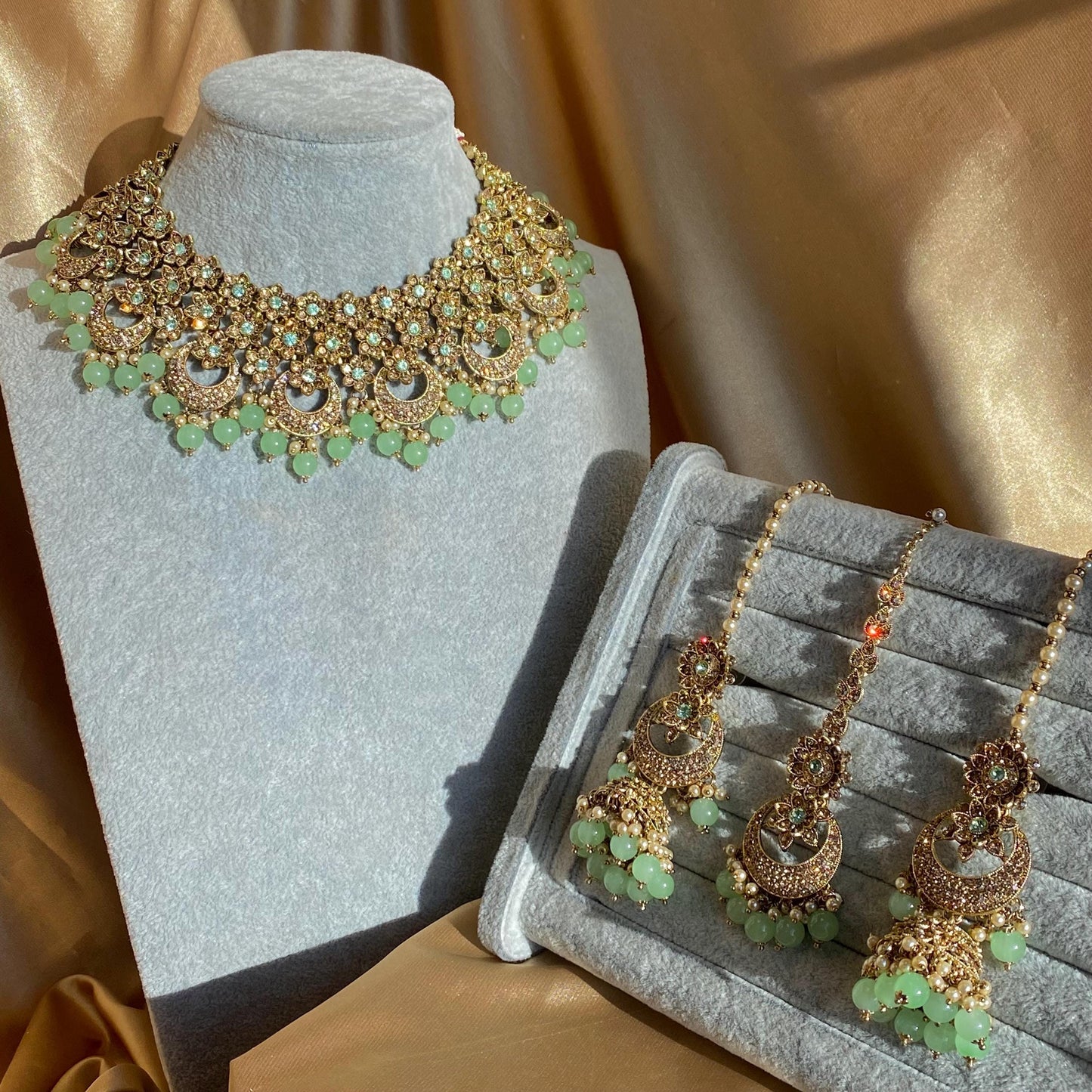 Mint Antique Gold Rhinestone Bridal Necklace Set Jhumka Chain Earring Tikka Bollywood Indian Pakistani Fashion Jewellery High Quality SALE