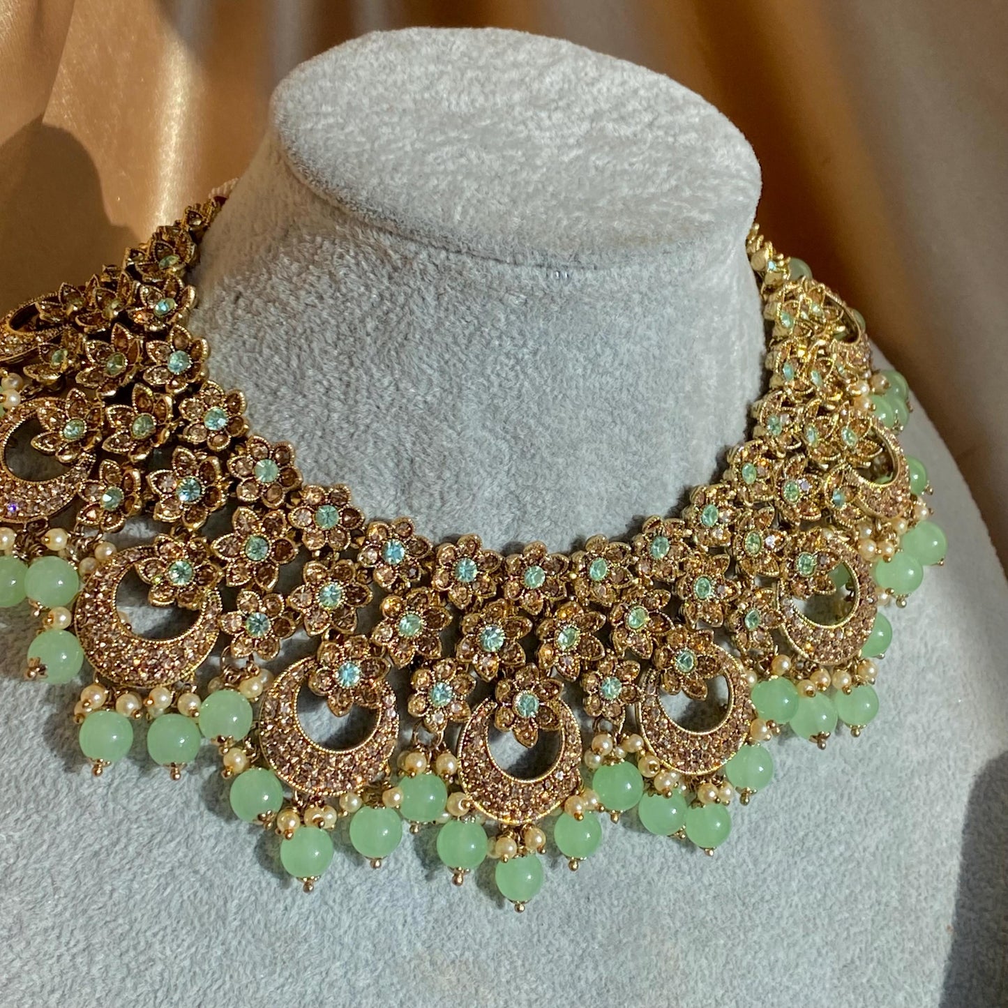 Mint Antique Gold Rhinestone Bridal Necklace Set Jhumka Chain Earring Tikka Bollywood Indian Pakistani Fashion Jewellery High Quality SALE
