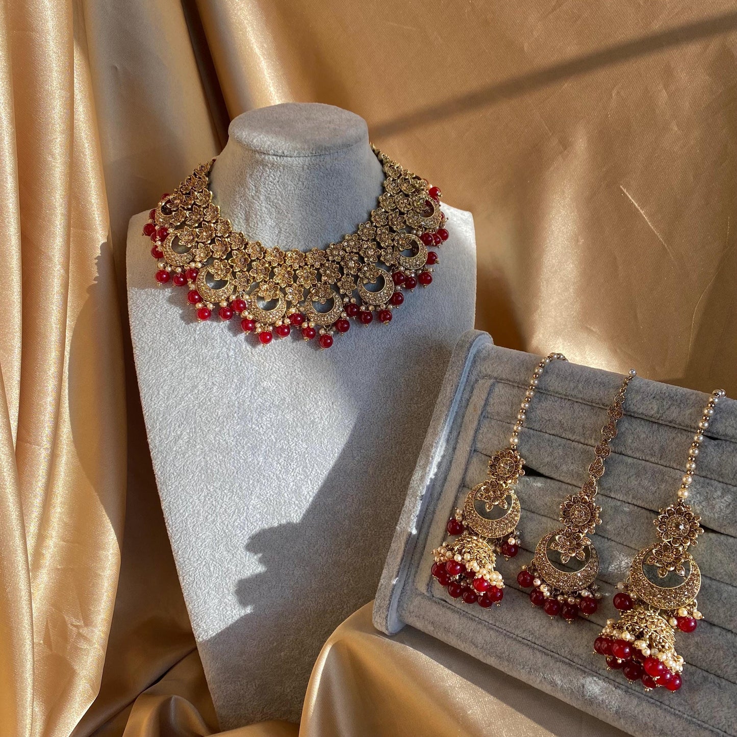 Maroon Antique Gold Rhinestone Bridal Necklace Set Jhumka Chain Earring Tikka Bollywood Indian Pakistani Fashion Jewellery High Quality SALE