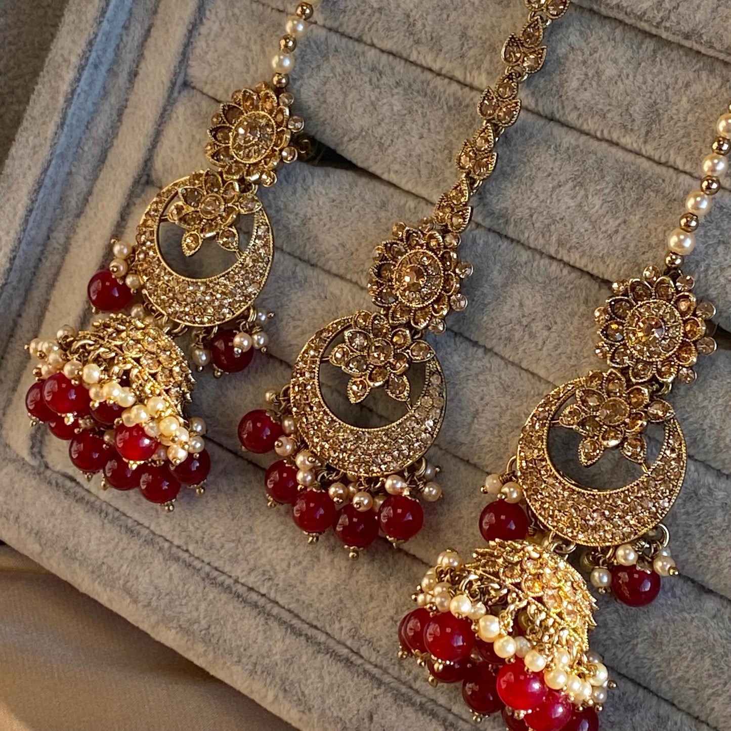 Maroon Antique Gold Rhinestone Bridal Necklace Set Jhumka Chain Earring Tikka Bollywood Indian Pakistani Fashion Jewellery High Quality SALE