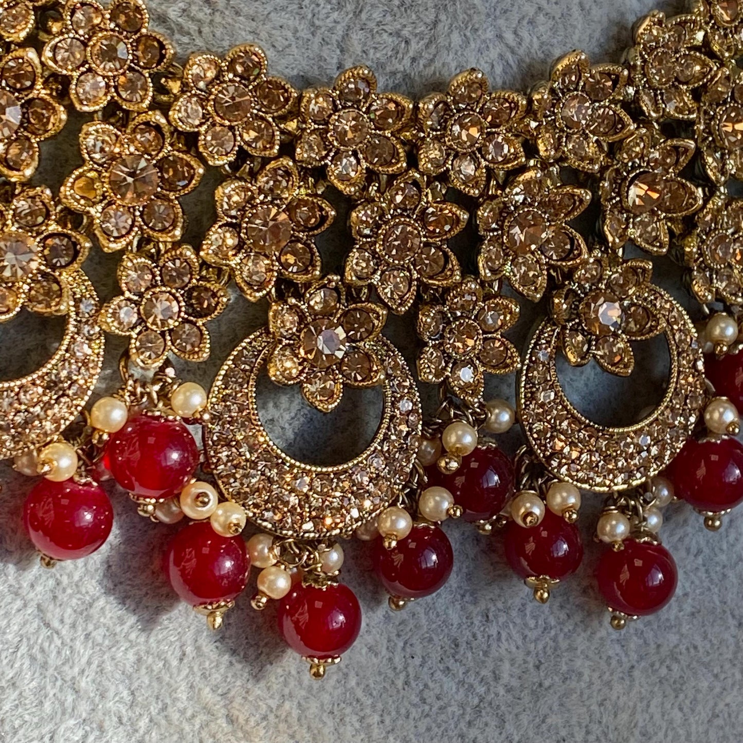 Maroon Antique Gold Rhinestone Bridal Necklace Set Jhumka Chain Earring Tikka Bollywood Indian Pakistani Fashion Jewellery High Quality SALE