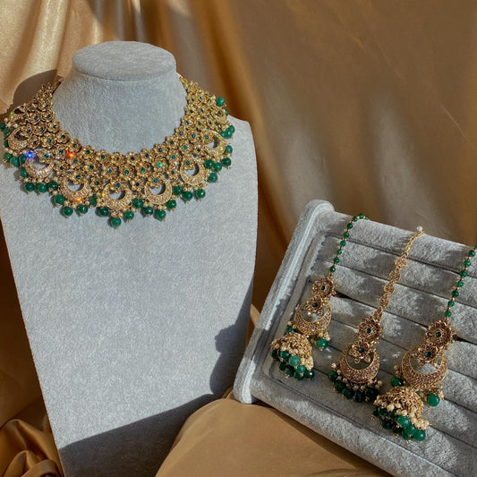 Green Antique Gold Rhinestone Bridal Necklace Set Jhumka Chain Earring Tikka Bollywood Indian Pakistani Fashion Jewellery High Quality SALE