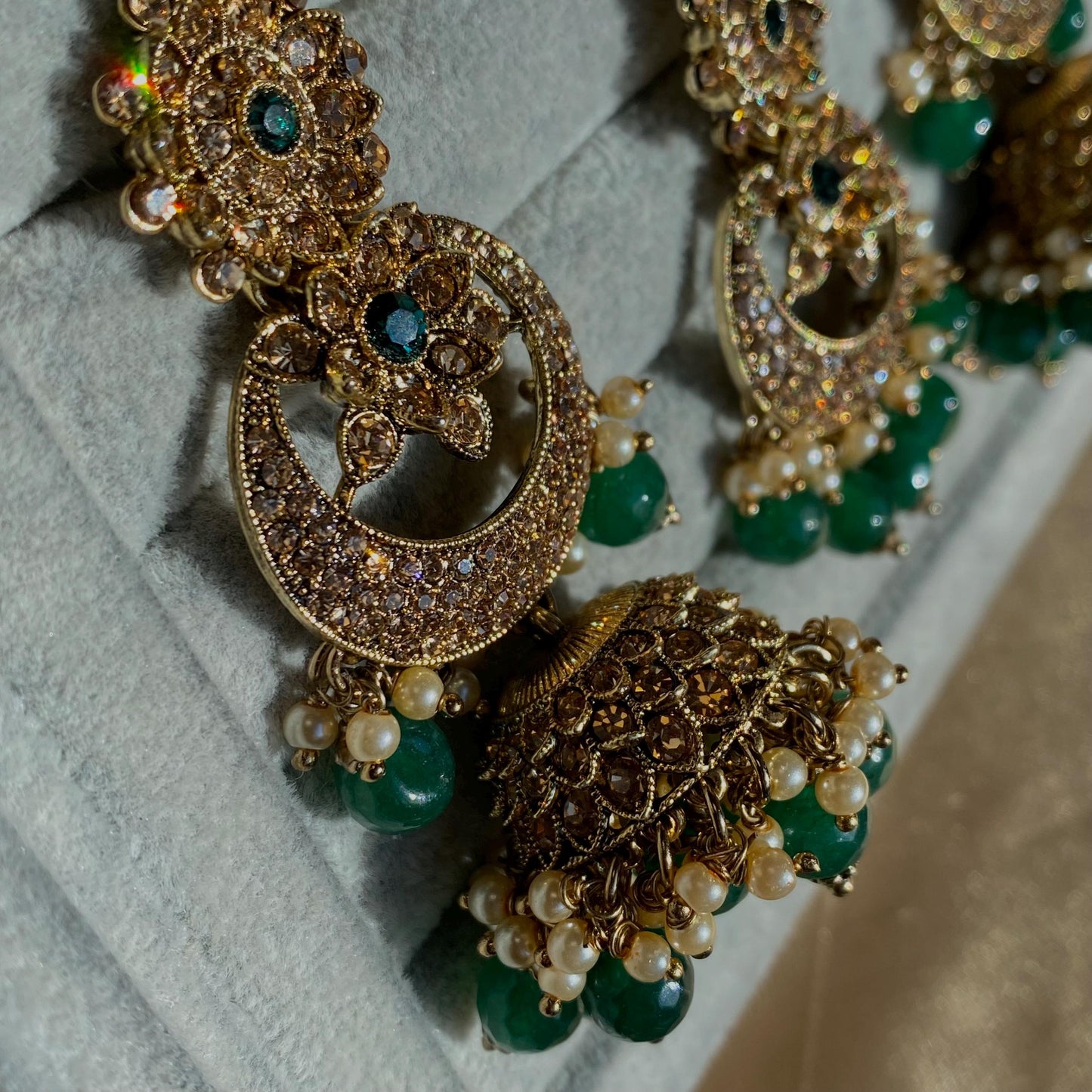 Green Antique Gold Rhinestone Bridal Necklace Set Jhumka Chain Earring Tikka Bollywood Indian Pakistani Fashion Jewellery High Quality SALE