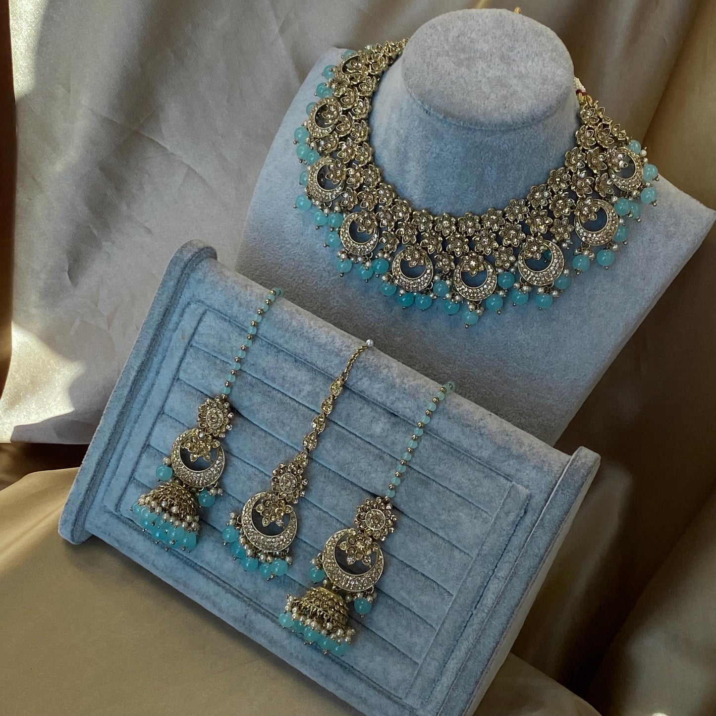 Blue Antique Gold Rhinestone Bridal Necklace Set Jhumka Chain Earring Tikka Bollywood Indian Pakistani Fashion Jewellery High Quality SALE