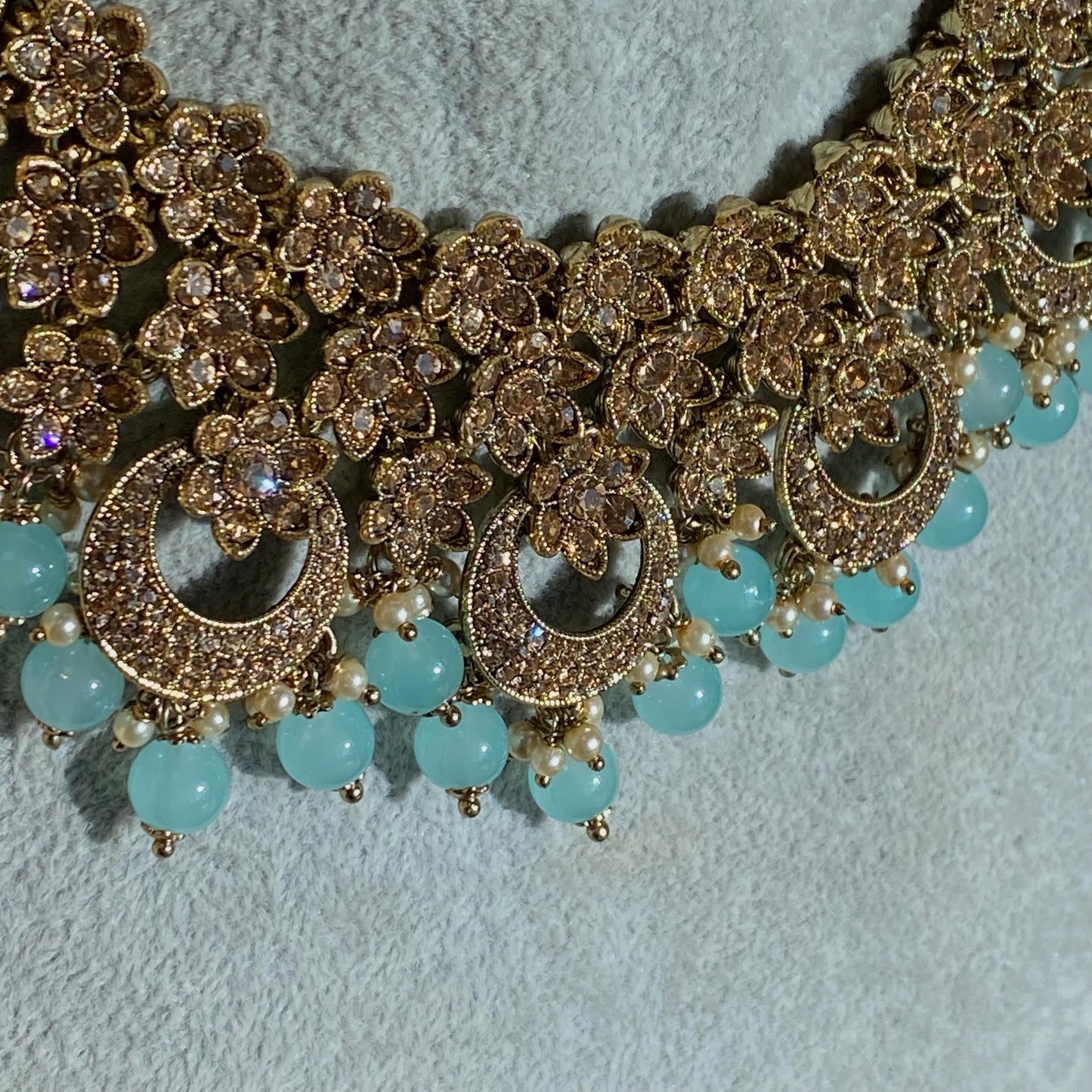 Blue Antique Gold Rhinestone Bridal Necklace Set Jhumka Chain Earring Tikka Bollywood Indian Pakistani Fashion Jewellery High Quality SALE