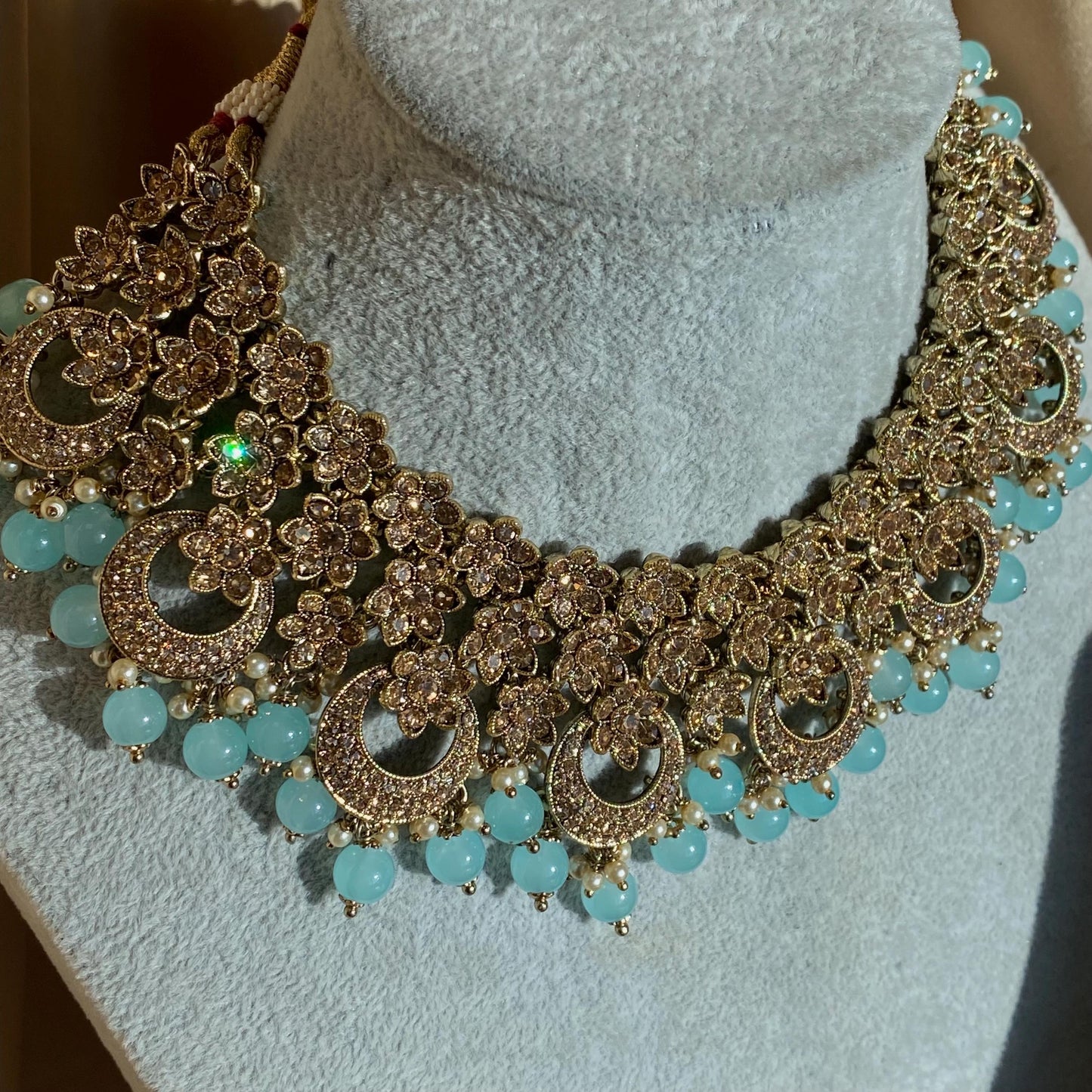 Blue Antique Gold Rhinestone Bridal Necklace Set Jhumka Chain Earring Tikka Bollywood Indian Pakistani Fashion Jewellery High Quality SALE