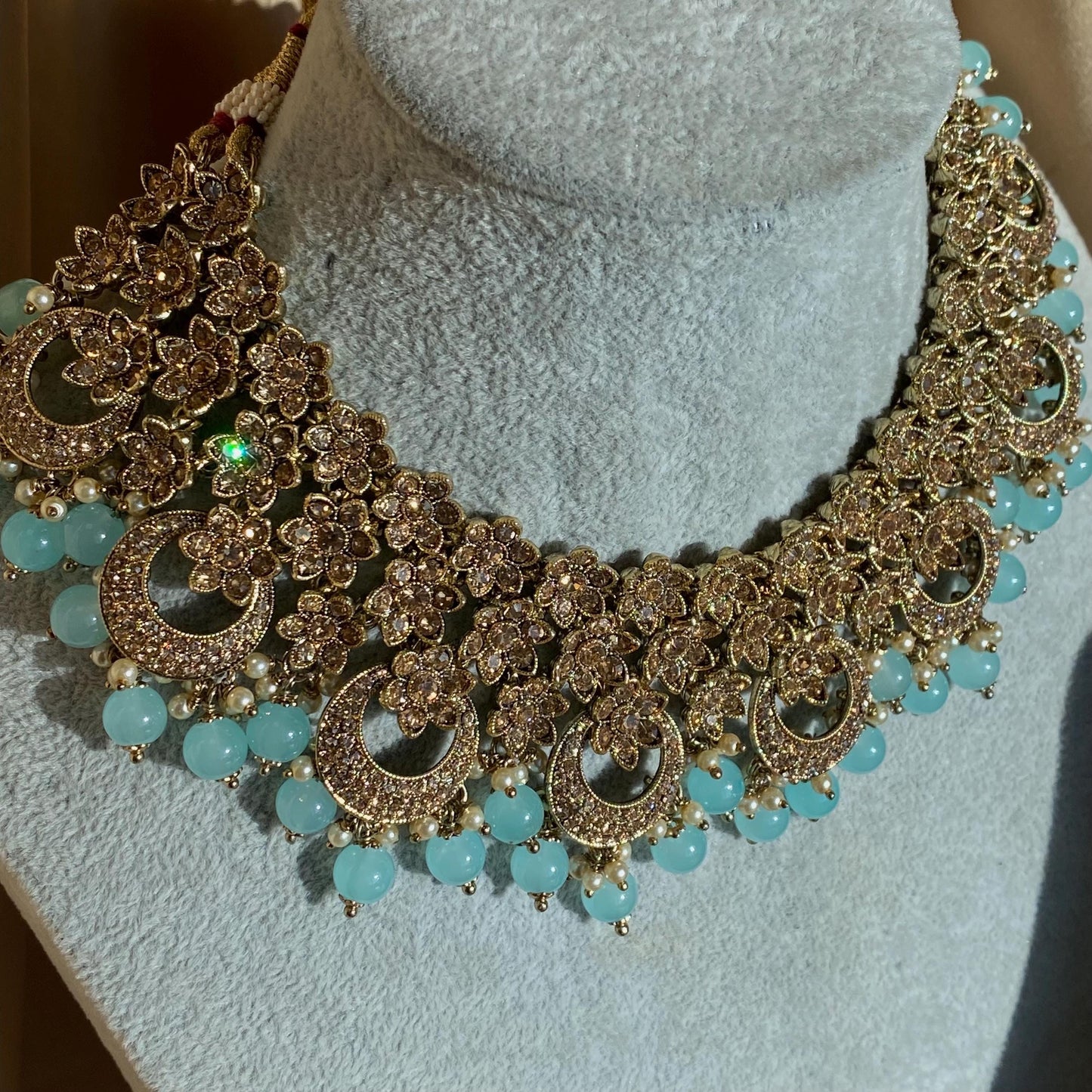 Blue Antique Gold Rhinestone Bridal Necklace Set Jhumka Chain Earring Tikka Bollywood Indian Pakistani Fashion Jewellery High Quality SALE