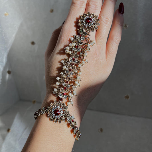 Antique Gold Red & Clear Hand Harness - Single Piece/ Fashion Jewellery/ Gift for Women/Indian/Pakistani style /Haathphool/Hand Accessory