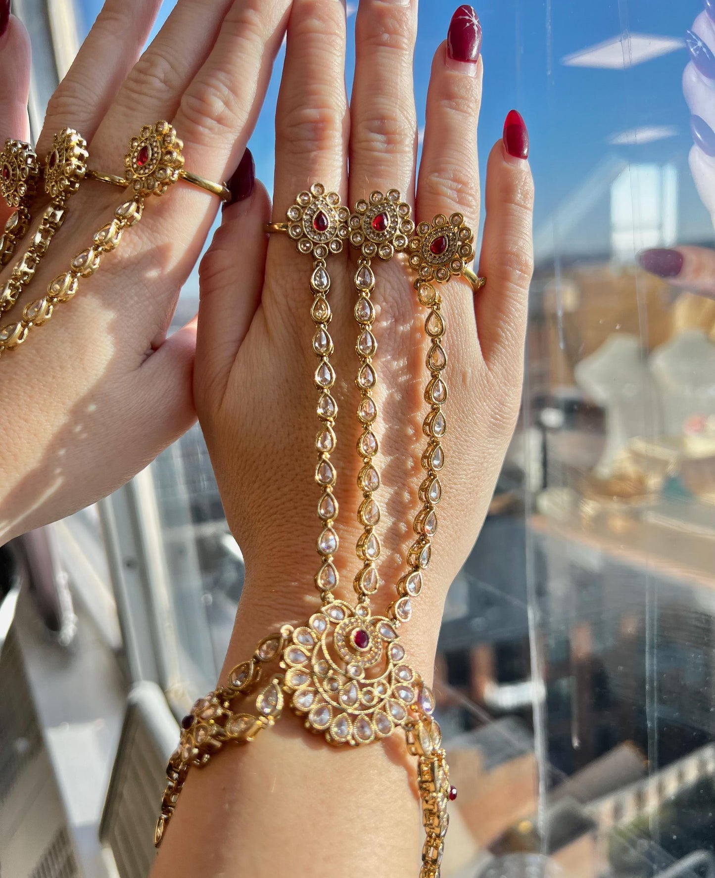 Antique Gold Maroon & Red Hand Harness/ Fashion Jewellery/Pakistani style /Haathphool/Hand Accessory