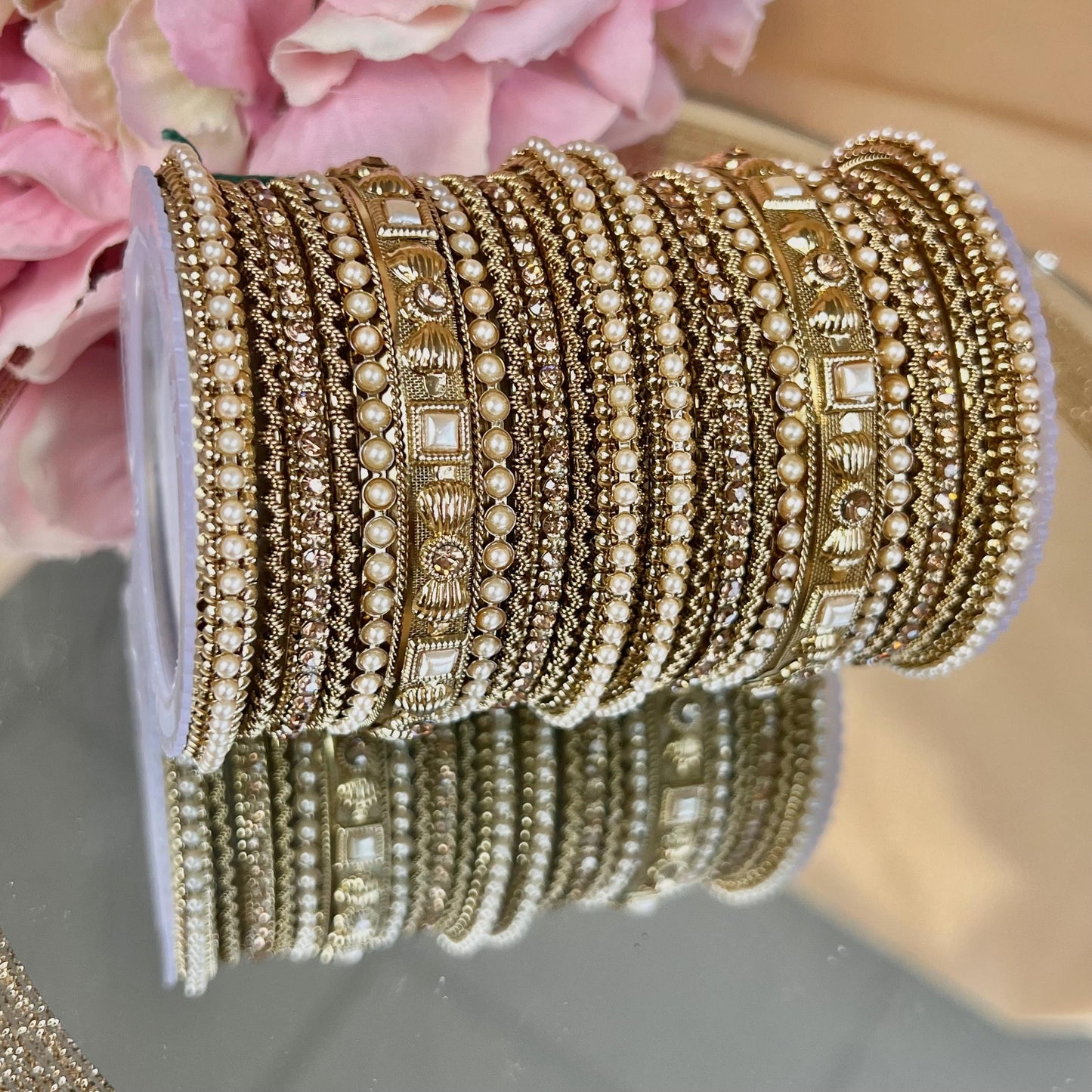 Small Mirror Golden Bangle Set Both Arms - 2.6/Indian/ Pakistani/Golden Bangle Set/Kada Bangle Set
