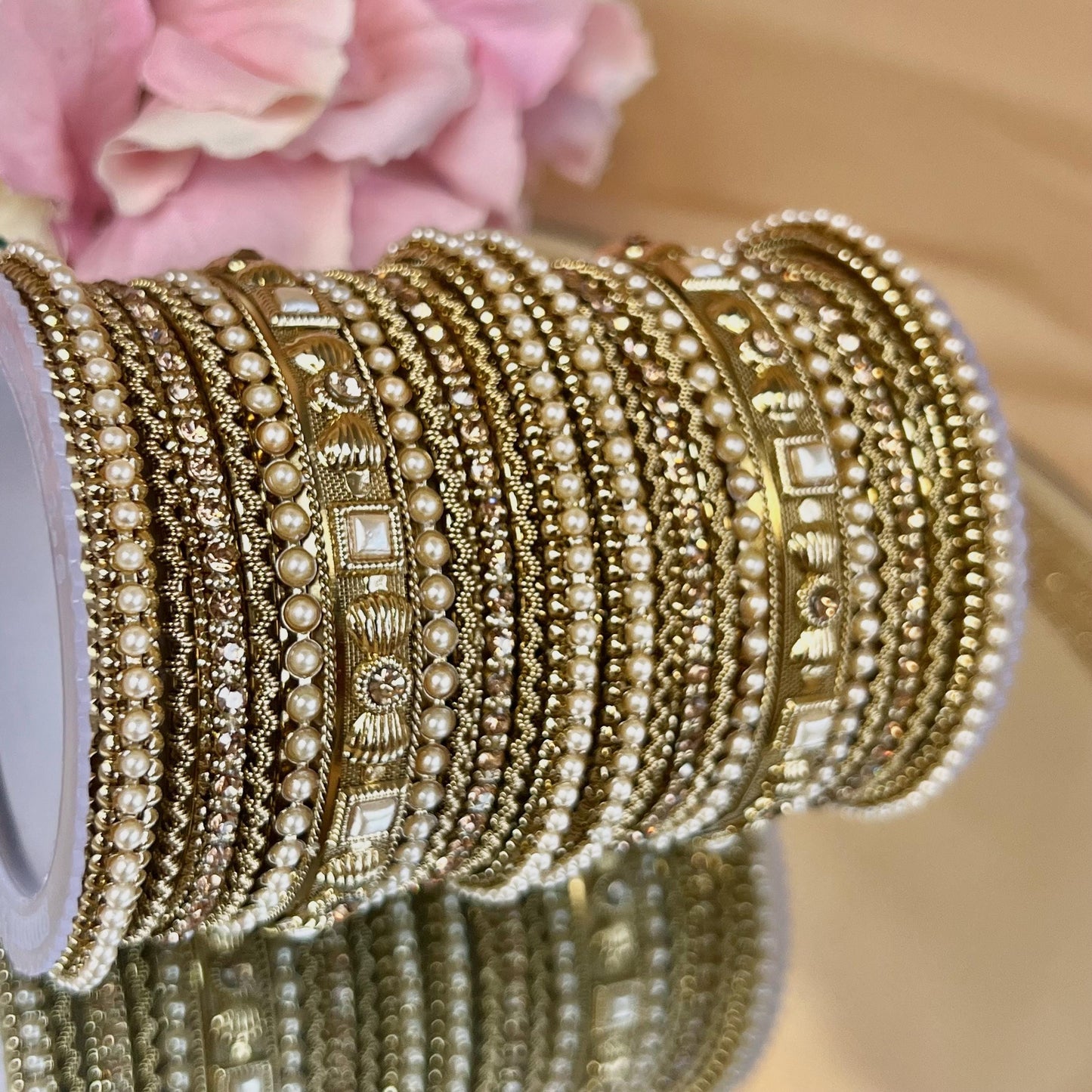 Small Mirror Golden Bangle Set Both Arms - 2.6/Indian/ Pakistani/Golden Bangle Set/Kada Bangle Set
